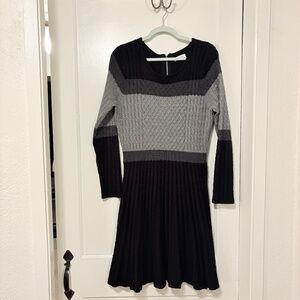 Calvin Klein Cable Knit Long Sleeve Color Block Grey Black Sweater Dress XL